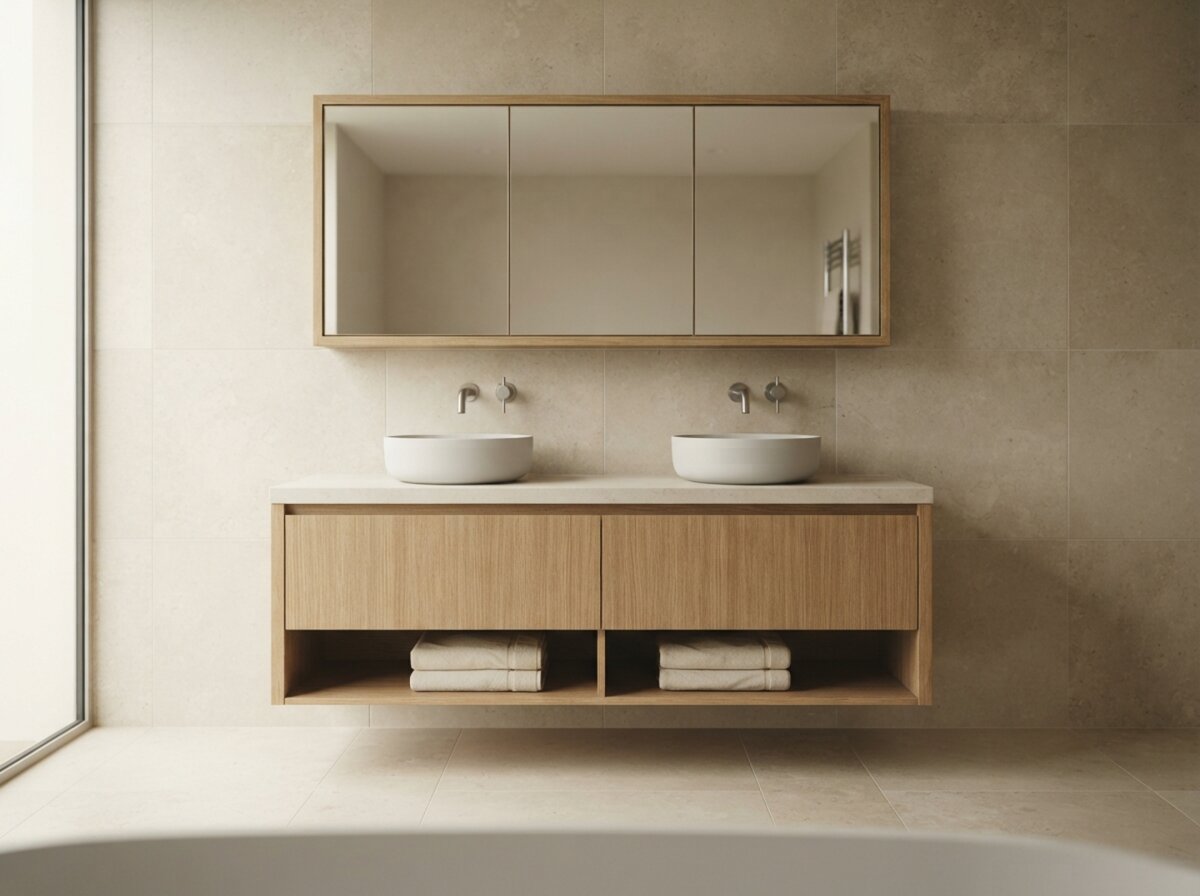 Wandhängender Waschtisch aus Massivholz mit Steinplatte und Spiegelschrank